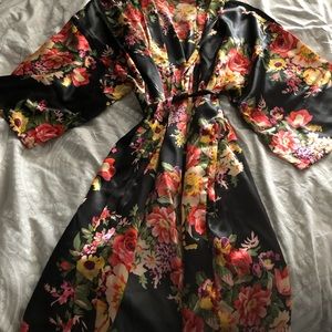 Black satin robe with flowers